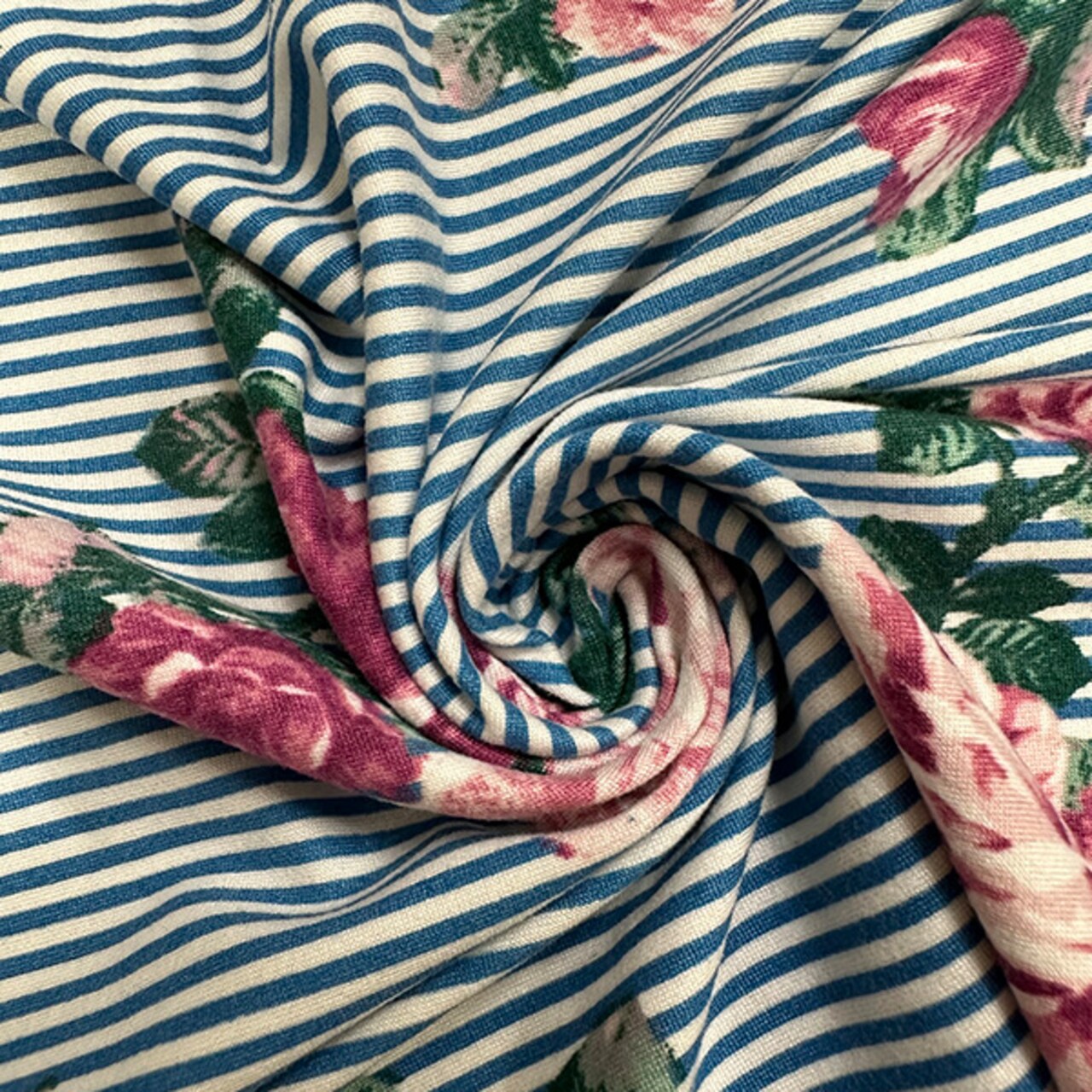 Pink Floral Blue Stripe Print Double Brushed Jersey Knit Fabric By the Yard